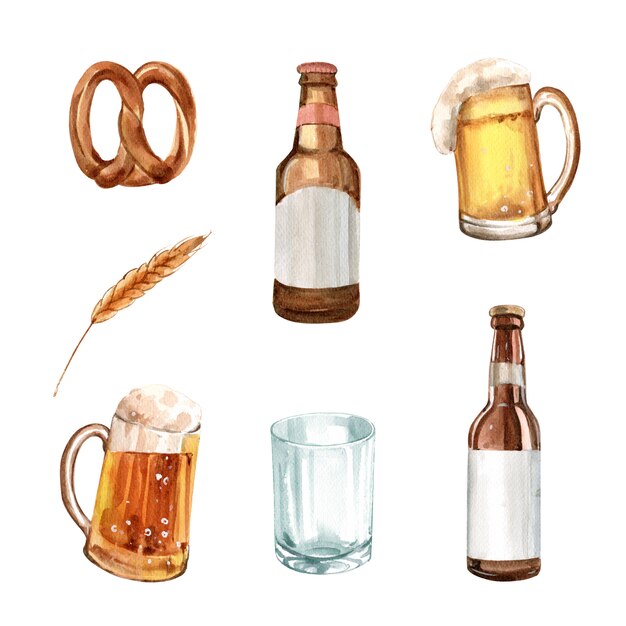 Set of watercolor pretzel, barley, beer illustration 