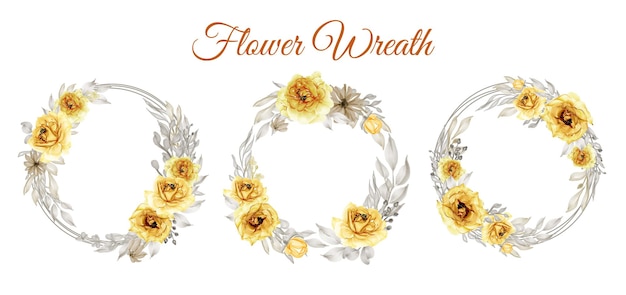 Set of watercolor rose gold yellow flower wreath