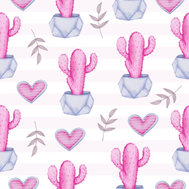 Set Watercolor Seamless Pattern With cactus and hearts, isolated watercolor valentine concept element lovely romantic red-pink hearts for decoration, illustration.