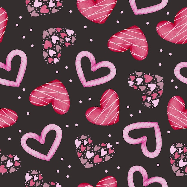 Insieme del reticolo senza giunte dell'acquerello con cuori rosa e rossi su sfondo nero, elemento di concetto di san valentino dell'acquerello isolato adorabili romantici cuori rosso-rosa per la decorazione, illustrazione.