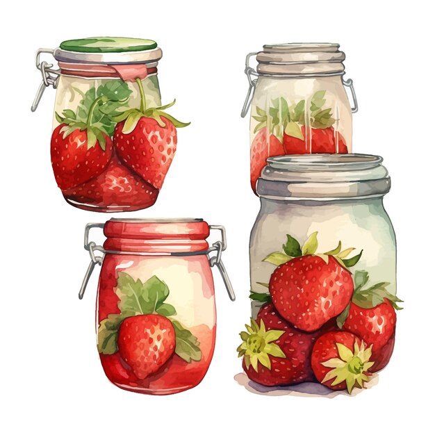 Set of watercolor strawberry fruit in a jar