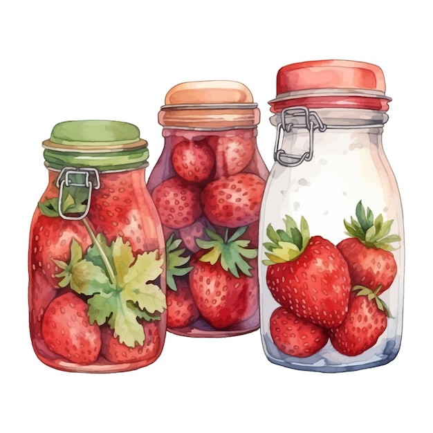 Set of watercolor strawberry fruit in a jar