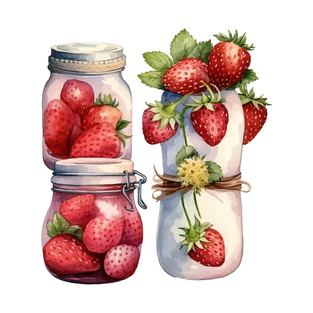 Set of watercolor strawberry fruit in a jar