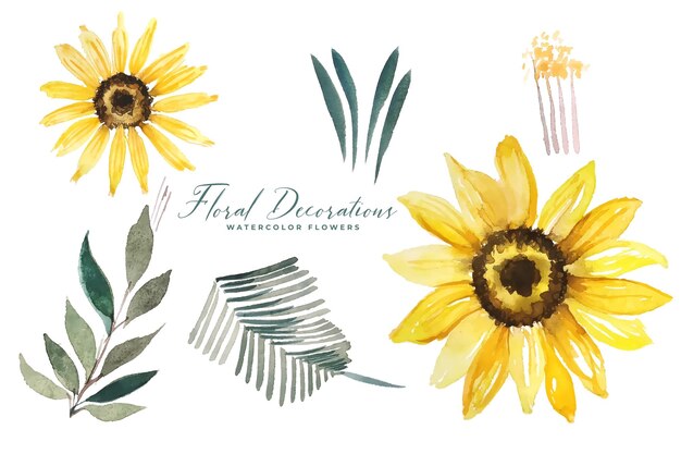 Set of watercolor sunflower and leaves decoration