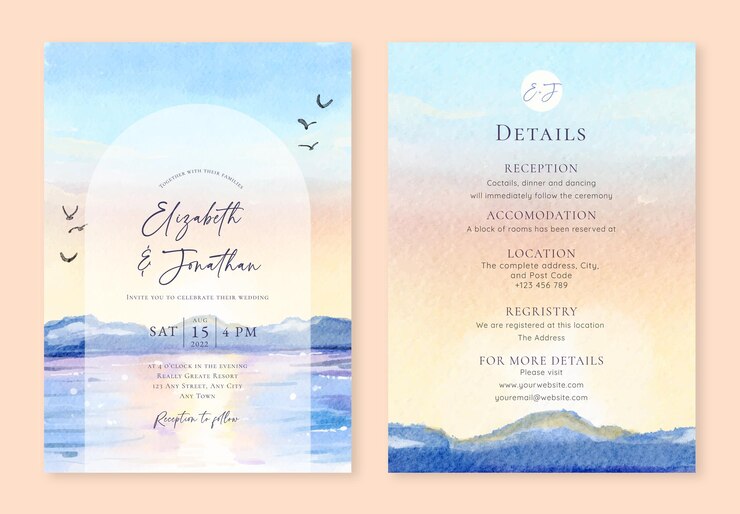海からのロマンチックな夕焼け空と山の水彩画の結婚式招待状のセット