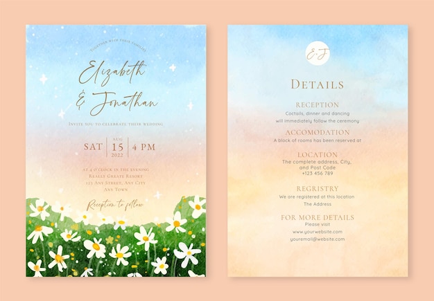 Set of watercolor wedding invitation card with daisy and sunset sky