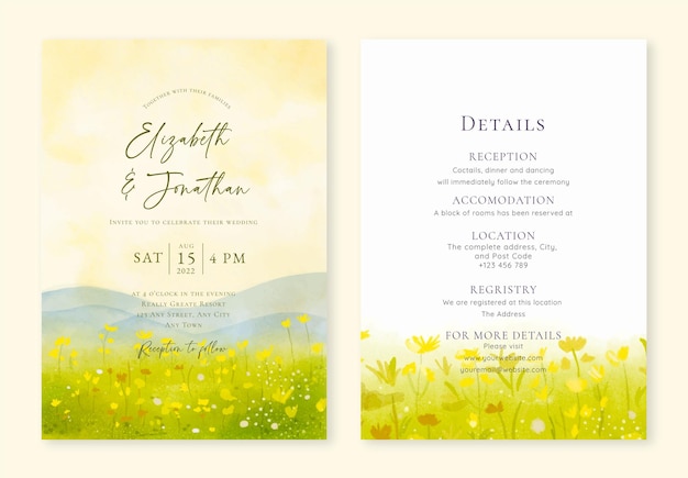 Free vector set of watercolor wedding invitation card of yellow floral field nature landscape