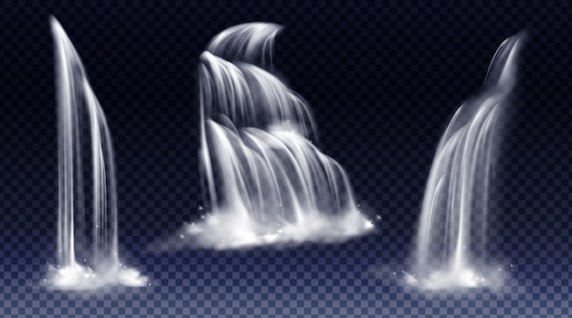 Free vector set of waterfalls with cascade, splash and fog