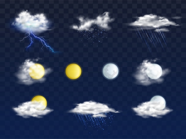 Set of weather forecast app realistic icons with various clouds, sun and moon disks