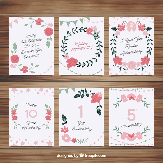 Set of wedding anniversary cards with ornaments