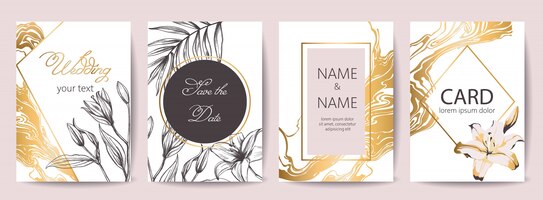 Set of wedding celebration cards with place for text. save the date. tropical flowers decoration. golden, white and black colors
