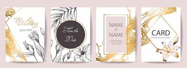 Set of wedding celebration cards with place for text. Save the date. Tropical flowers decoration. Golden, white and black colors