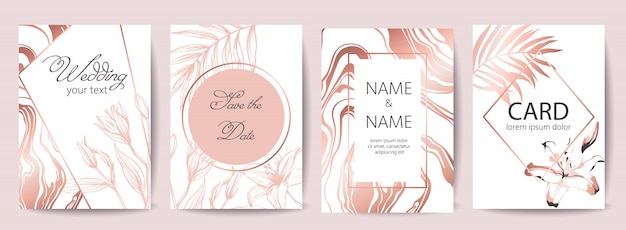 Set of wedding celebration cards with place for text. Save the date. Tropical flowers. White and rose gold colors