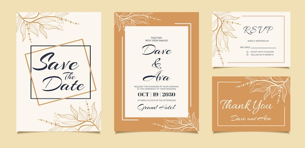 손으로 그린 라인 아트 꽃 장식 흰색과 갈색으로 결혼식 초대 카드 템플릿 설정