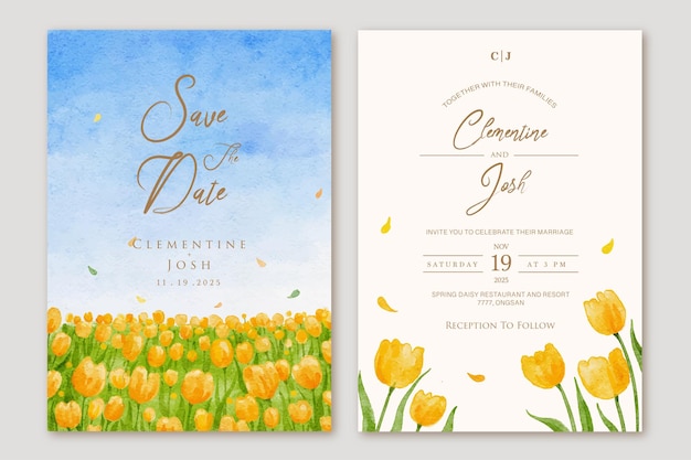 Set of wedding invitation with hand drawn watercolor spring yellow flower fields background