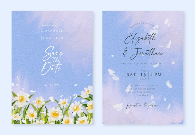 Set of wedding invitation with watercolor daisies floral field