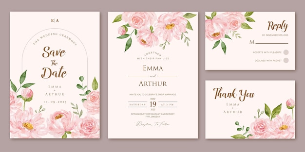 Set of wedding invitation with watercolor pink roses floral