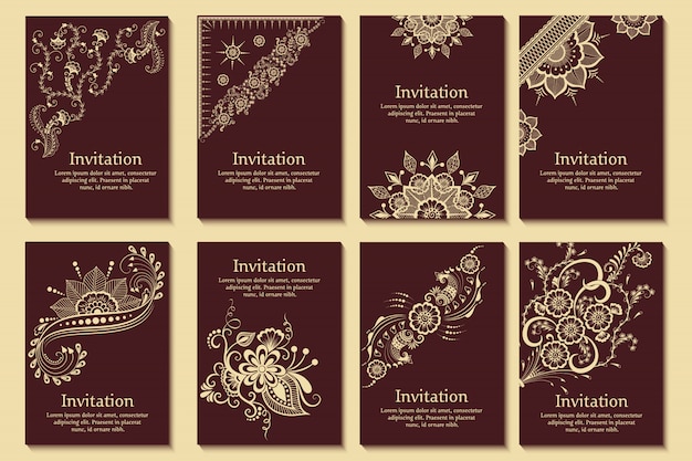 Set of wedding invitations and announcement cards with ornament in Arabian style. Arabesque pattern.