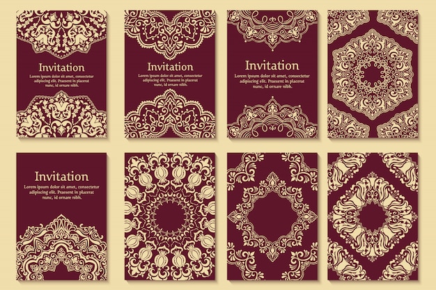 Free vector set of wedding invitations and announcement cards with ornament in arabian style.