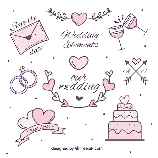 Free vector set of wedding items in pink tones