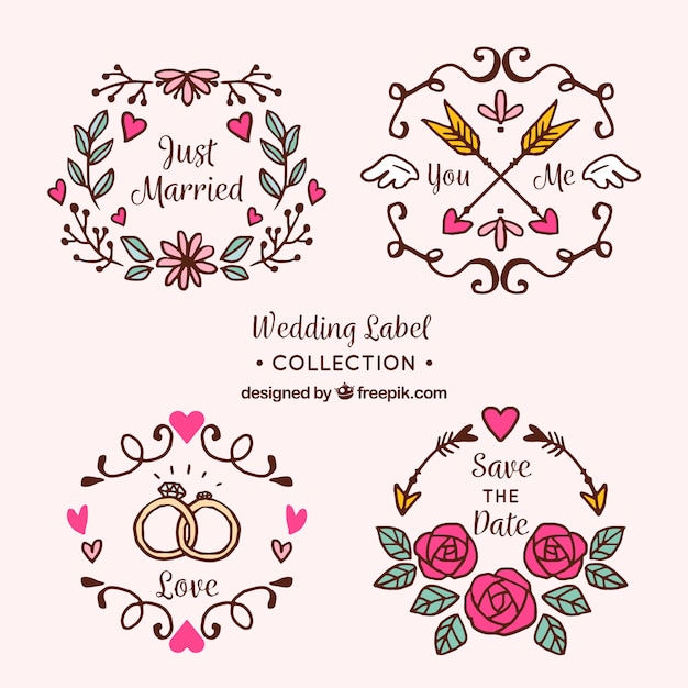 Set of wedding labels with flowers and ornaments