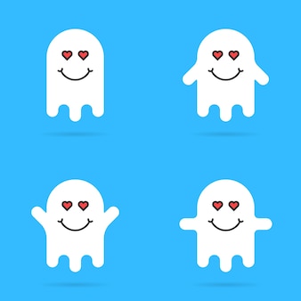 Set of white enamored ghost emoji. concept of creepy specter, positive, comic, spooky, floating phantasm, magic, wraith, feeling. flat style trend modern logotype graphic art design on blue background