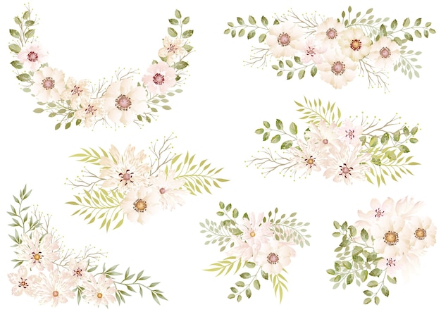 Free vector set of white watercolor floral elements isolated on a white