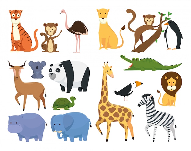 Бесплатное векторное изображение Установите диких животных в зоопарке сафари заповедник