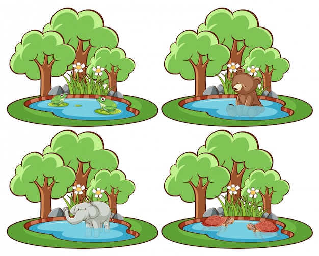 Free vector set of wild animals in the park with pond and tree