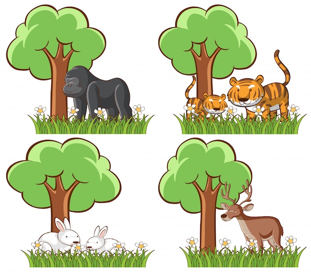 Set of wild animals in the park with pond and tree