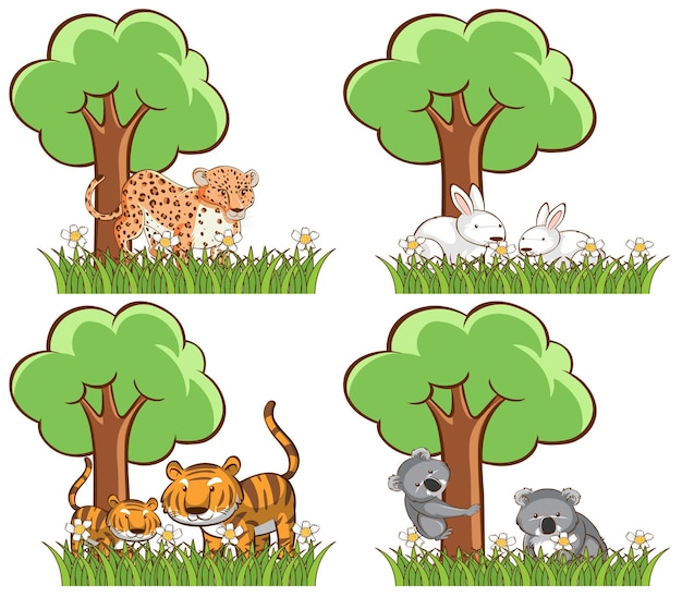 Набор диких животных в парке с прудом и деревом