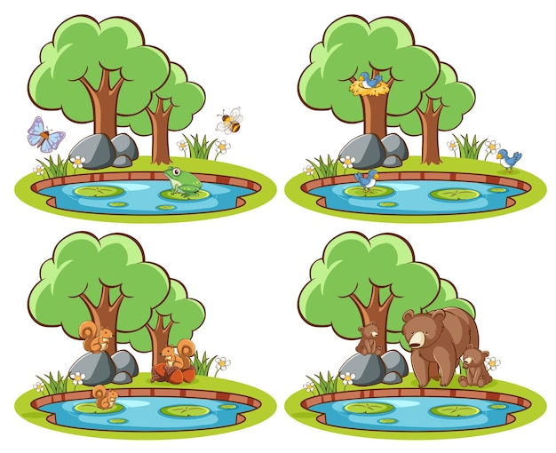 Set of wild animals in the park with pond and tree