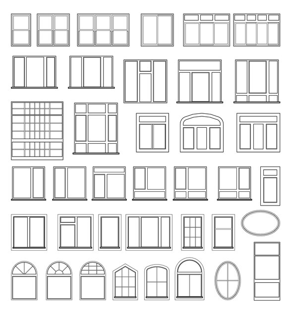 Набор оконных элементов для оформления архитектурных и строительных чертежей. Иллюстрация в черном цвете на белом фоне.