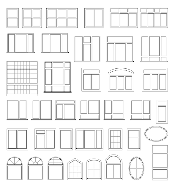 建築および建設図面の設計のためのウィンドウ要素のセット。白い背景で隔離の黒い色のイラスト。