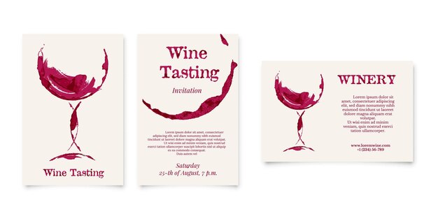 Set of Wine testing and Winery card in shape of wineglass bottle stain graphic design with watercolor grunge texture