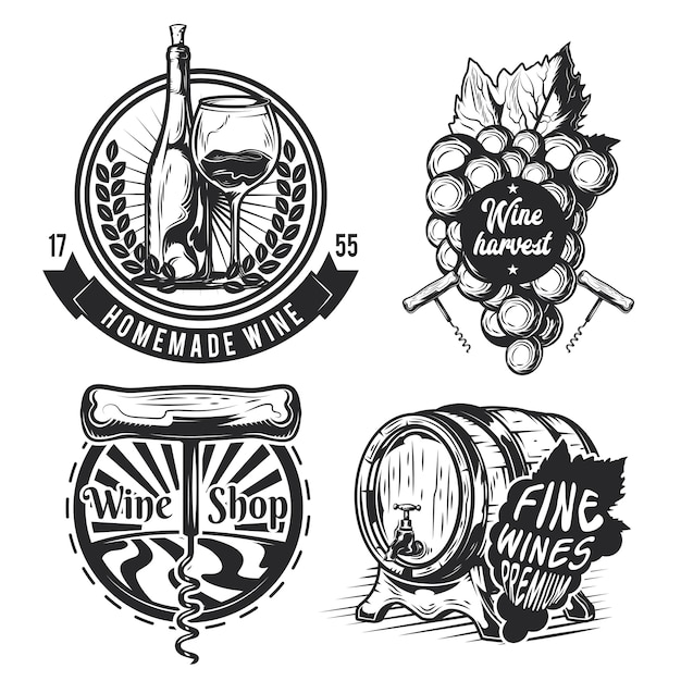 Insieme di elementi di vinificazione (botte, uva, bottiglia ecc.) emblemi, etichette, distintivi, loghi.