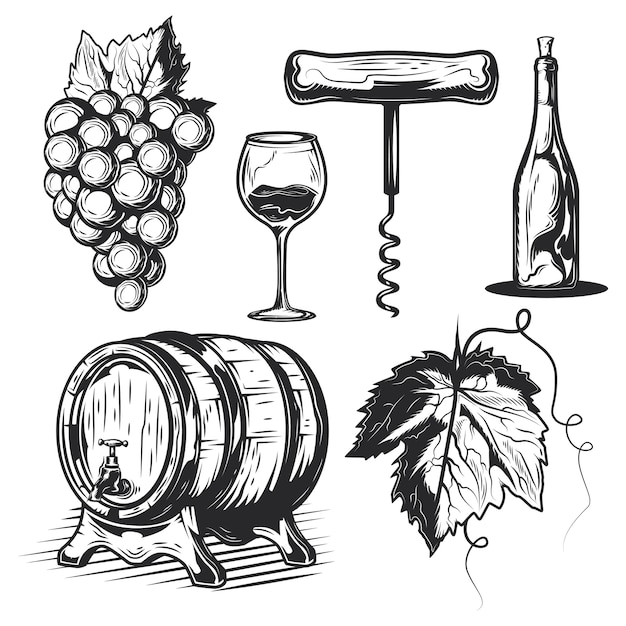 ワイン製造要素のセット（バレル、ブドウ、ボトルなど）