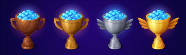 Free vector set of winner trophy cups full of diamond crystals