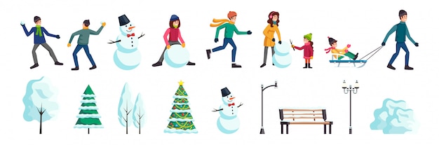 Free vector set of winter city characters and features