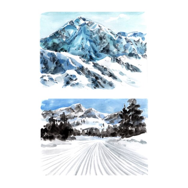 Set of winter sport design with watercolor, hand drawn illustration .
