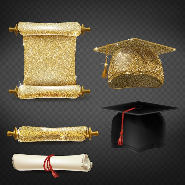 Free vector set with black and golden graduation caps, glittering diplomas