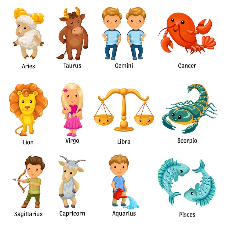 Free Vector set with cartoon zodiac signs.