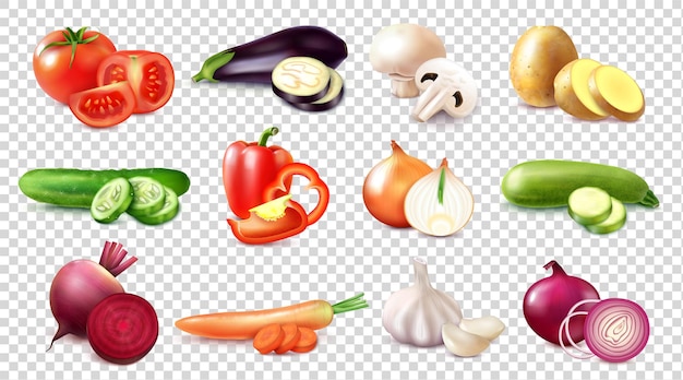 Free vector set with different kinds of vegetables realistic images on transparent background with whole fruits and slices vector illustration