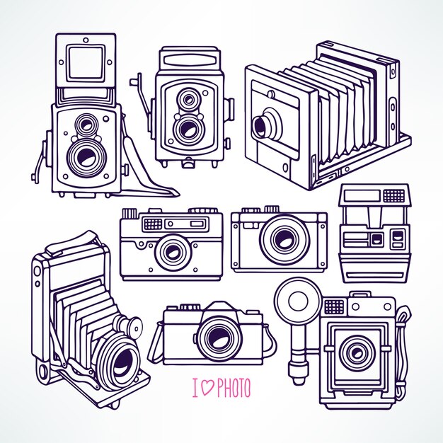 手描きのレトロカメラコレクション 無料のベクター