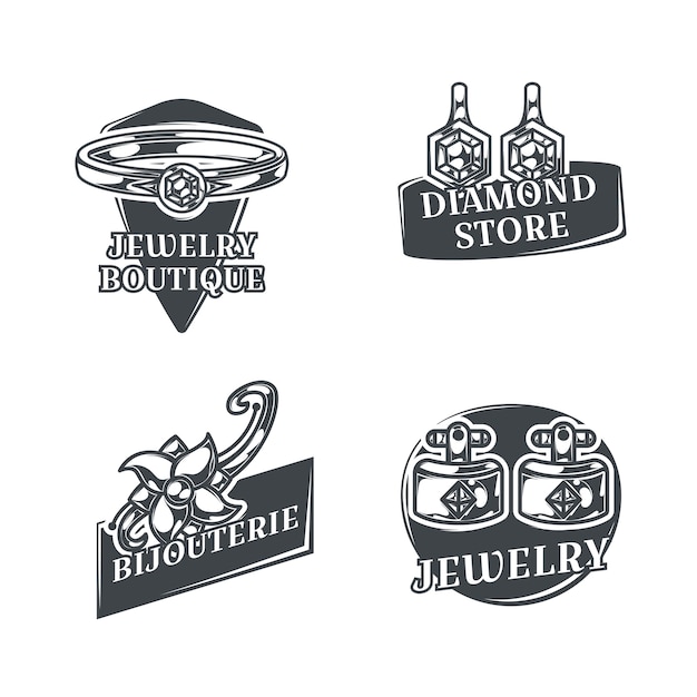 Set with four isolated monochrome jeweler logos