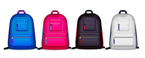 Set with four isolated realistic school backpacks of different color with shadows on blank  illustration