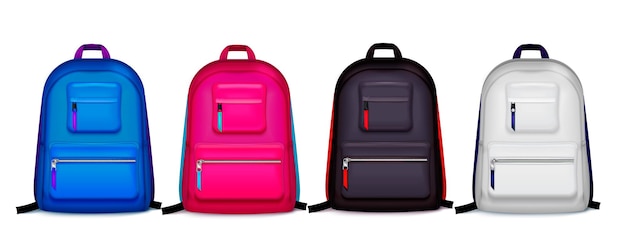 Набор из четырех изолированных реалистичных школьных рюкзаков разного цвета с тенями на пустой иллюстрации