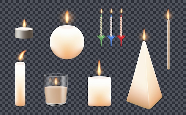 Free vector set with isolated candles realistic icons on transparent background with burning flames and different base shape vector illustration