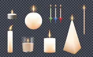 Free vector set with isolated candles realistic icons on transparent background with burning flames and different base shape vector illustration