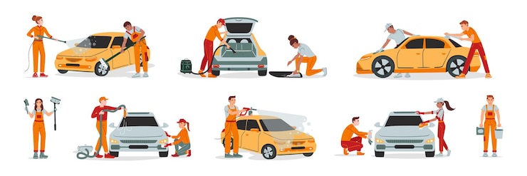 Free Vector set with isolated car washing flat compositions with views of workers in uniform cleaning up cars vector illustration